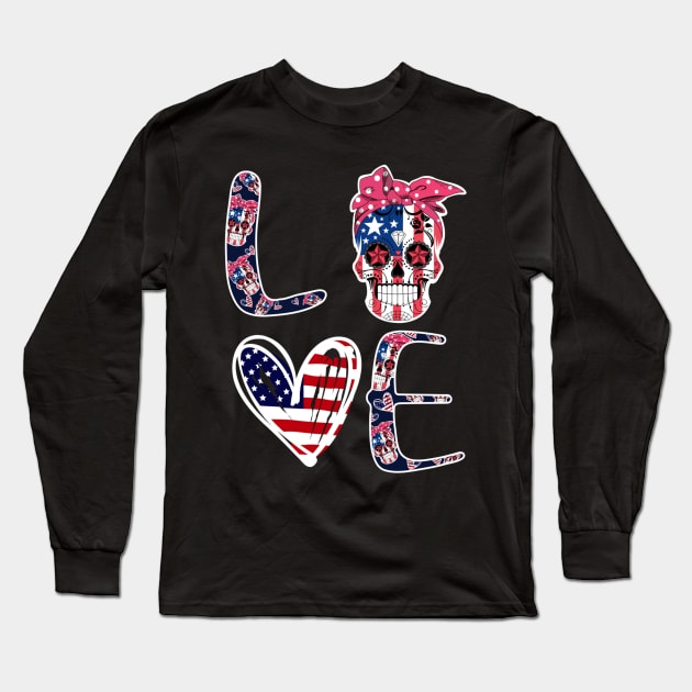 Sugar Skull Heart American Flag 4th of July Patriotic Long Sleeve T-Shirt by luxembourgertreatable